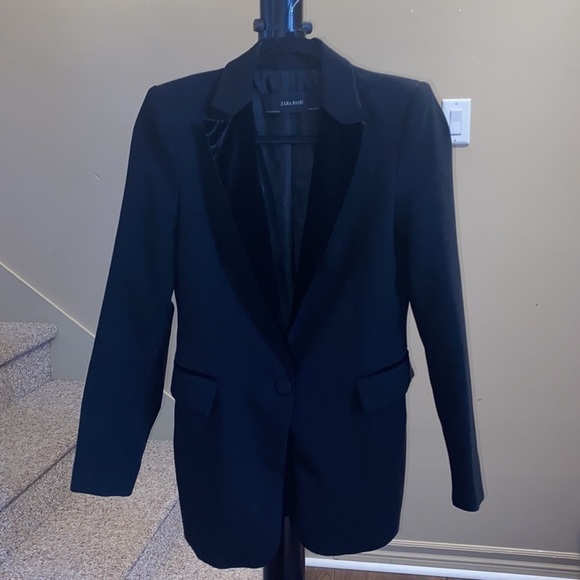 ZARA velvet lapel tuxedo single button flap pockets black Size Small - Picture 3 of 16